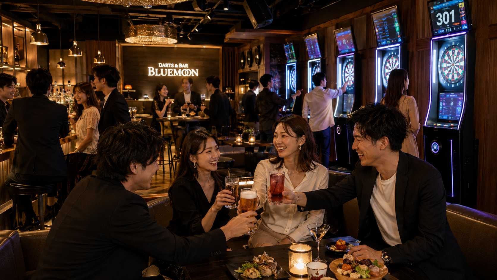 ダーツを楽しむ人々で賑わう店舗